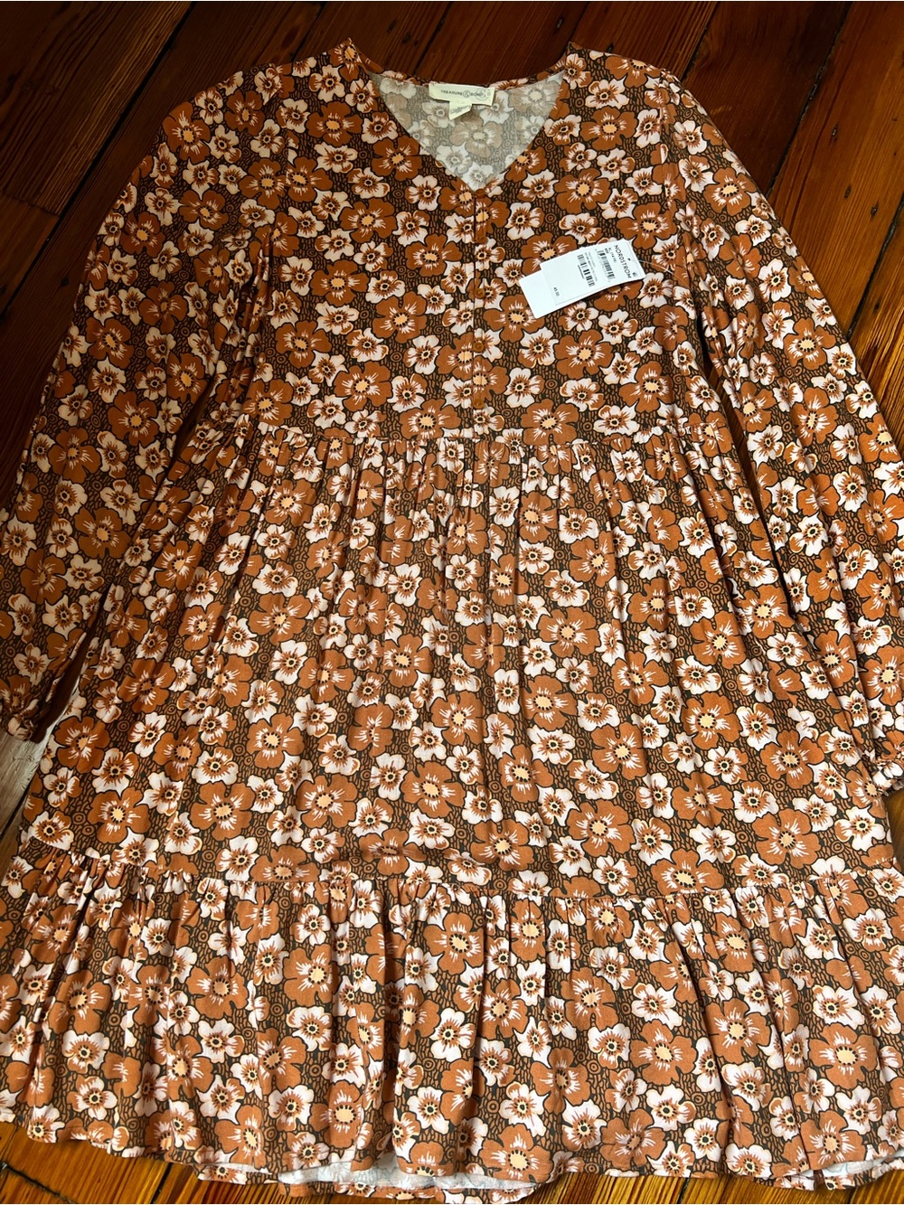Treasure & Bond Brown Floral Long-Sleeve Tiered Dress